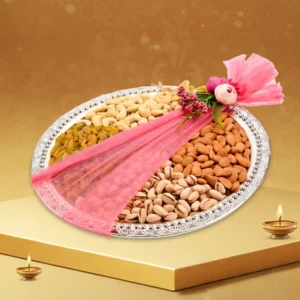 Premium dry fruits gift tray with almonds, pistachio, cashew, walnuts and raisins by Mudgil Royal Delight